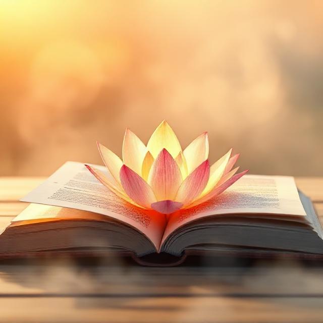an open book with a glowing lotus flower blooming from its pages, soft golden hour light, misty ambiance, pastel watercolor style